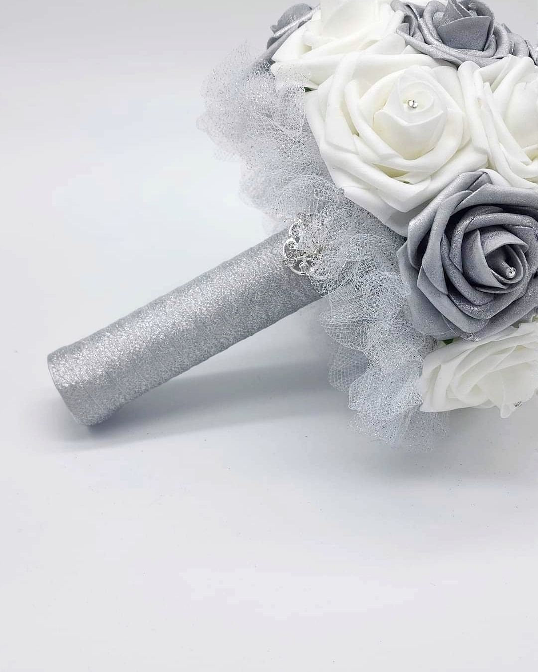 White and Silver Wedding Bouquet Made With Real Touch Roses, Bridal Bouquet, Bridesmaid Bouquet and Matching Boutonnieres and Corsages