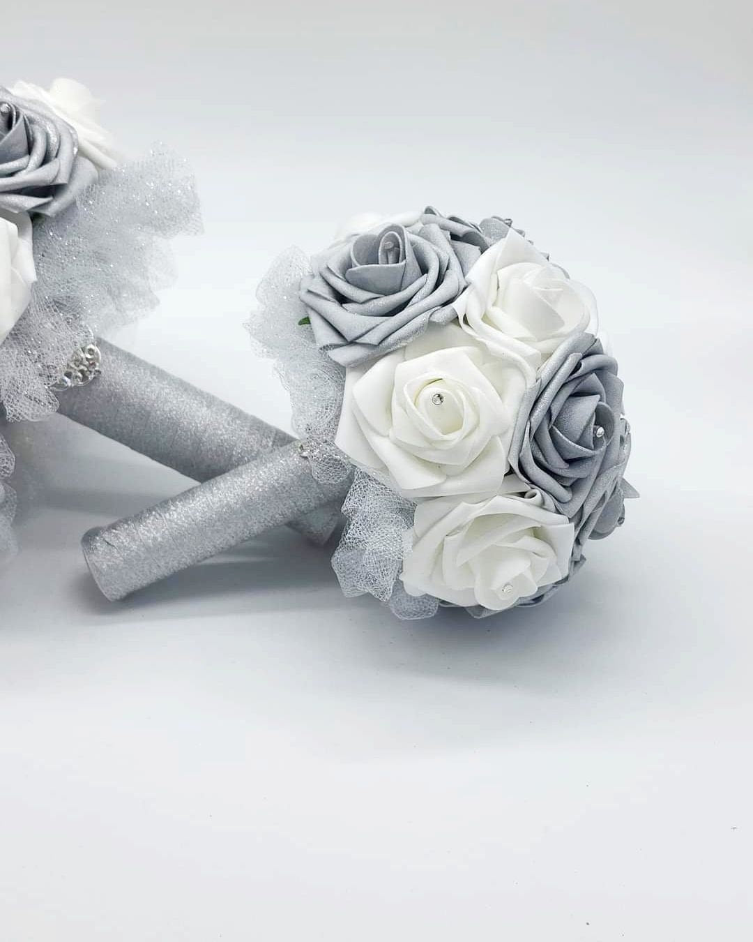 White and Silver Wedding Bouquet Made With Real Touch Roses, Bridal Bouquet, Bridesmaid Bouquet and Matching Boutonnieres and Corsages