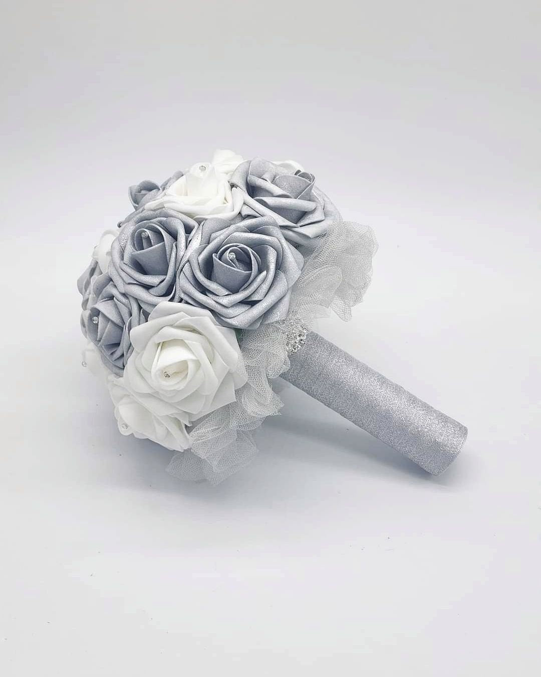 White and Silver Wedding Bouquet Made With Real Touch Roses, Bridal Bouquet, Bridesmaid Bouquet and Matching Boutonnieres and Corsages