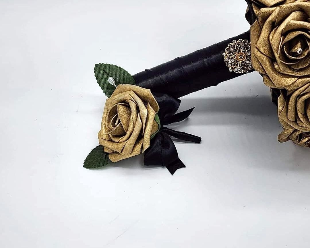Gold and Black  Wedding Bouquet Made With Real Touch Roses, Bridal Bouquet, Bridesmaid Bouquet and Matching Boutonnieres and Corsages