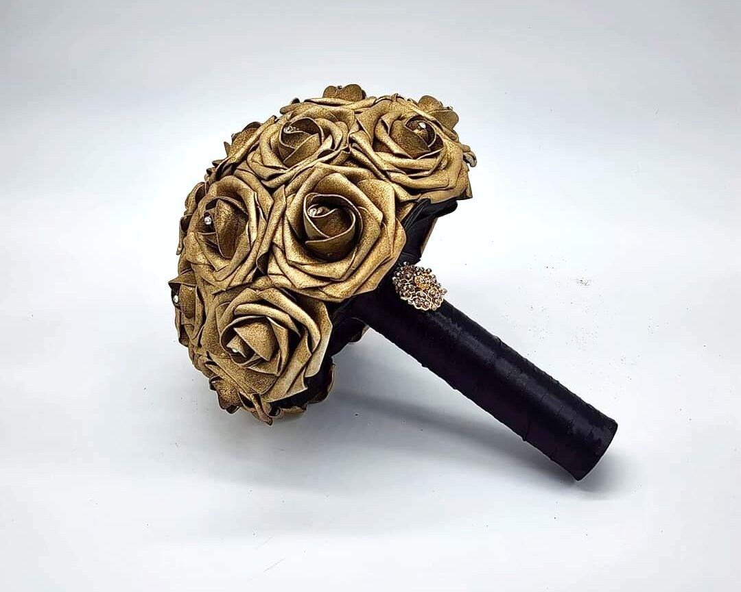 Gold and Black Wedding Bouquet Made With Real Touch Roses, Bridal Bouquet, Bridesmaid Bouquet and Matching Boutonnieres and Corsages