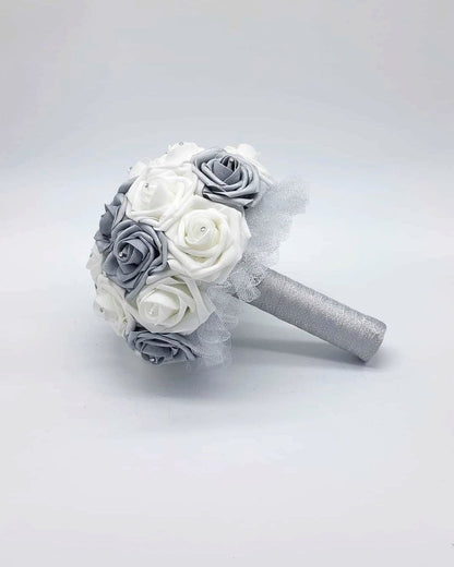 White and Silver Wedding Bouquet Made With Real Touch Roses, Bridal Bouquet, Bridesmaid Bouquet and Matching Boutonnieres and Corsages