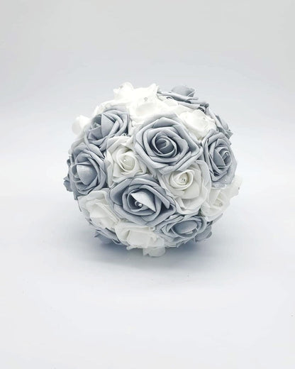 White and Silver Wedding Bouquet Made With Real Touch Roses, Bridal Bouquet, Bridesmaid Bouquet and Matching Boutonnieres and Corsages