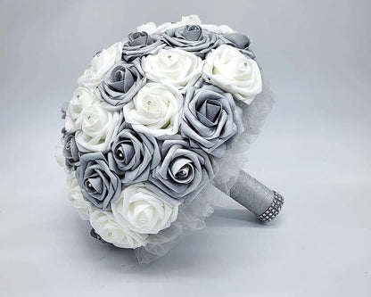 White and Silver Wedding Bouquet Made With Real Touch Roses, Bridal Bouquet, Bridesmaid Bouquet and Matching Boutonnieres and Corsages