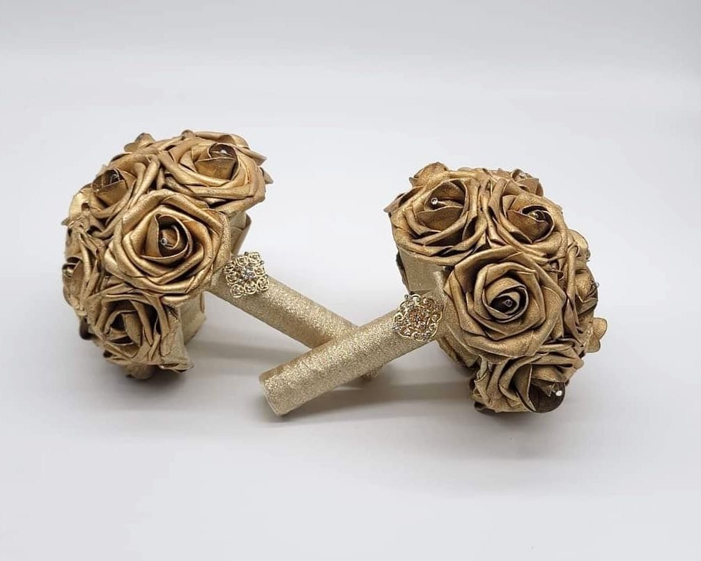 Gold Wedding Bouquet Made With Real Touch Roses, Bridal Bouquet, Bridesmaid Bouquet and Matching Boutonnieres and Corsages Available