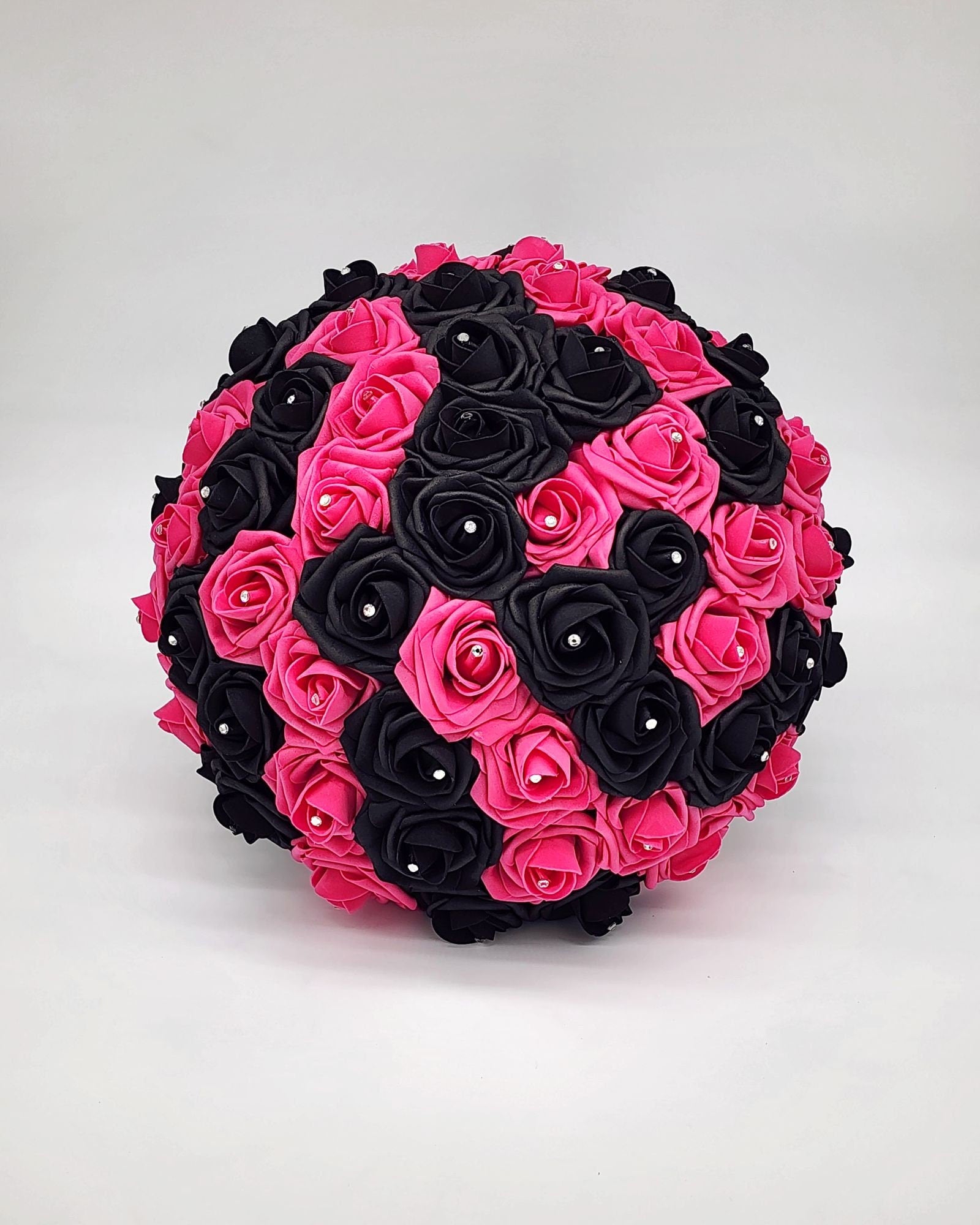 Hot Pink and Black Wedding Bouquet Made With Real Touch Roses, Bridal Bouquet, Bridesmaid Bouquet and Matching Boutonnieres and Corsages