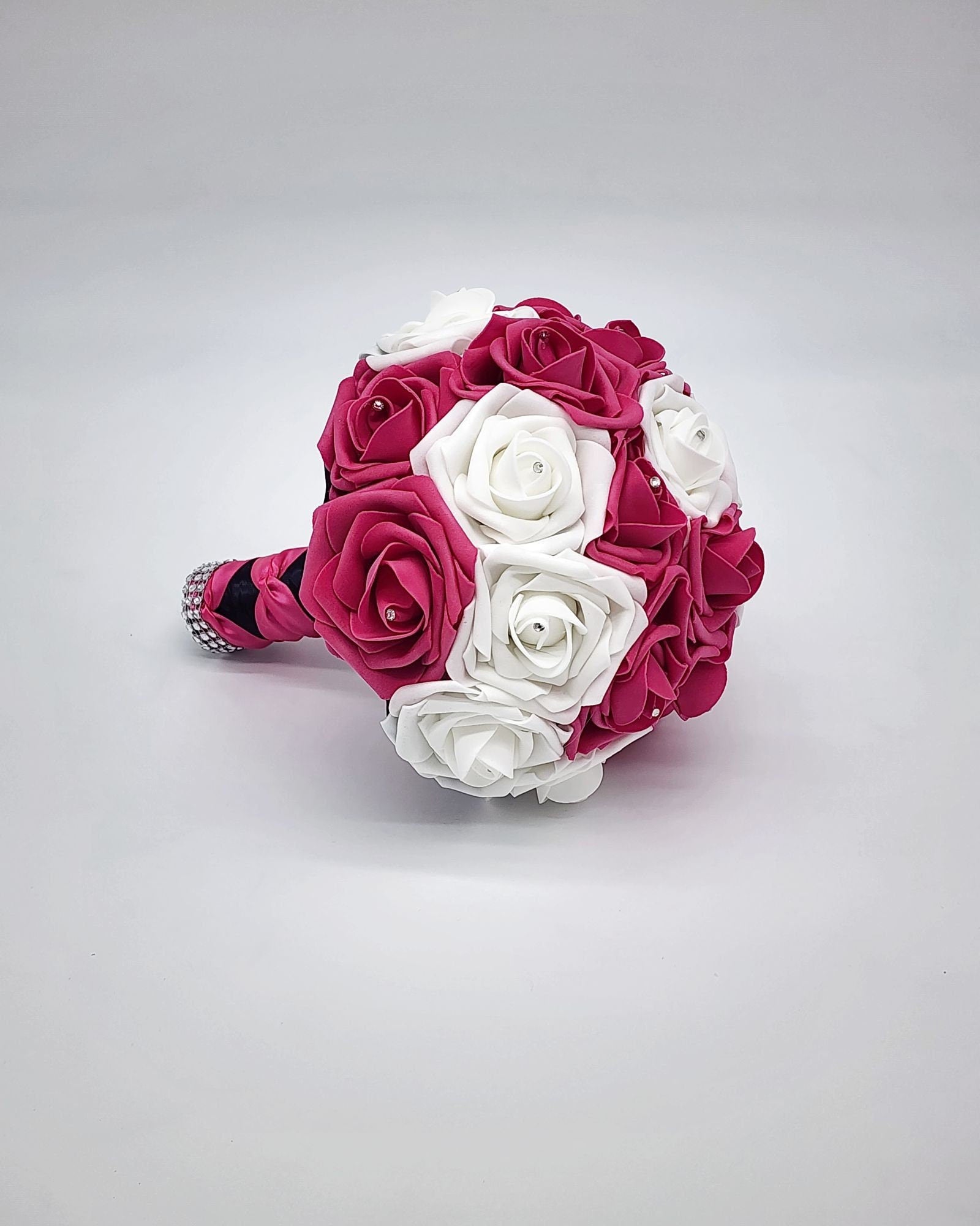 Hot Pink and White Wedding Bouquet Made With Real Touch Roses, Bridal Bouquet, Bridesmaid Bouquet and Matching Boutonnieres and Corsages