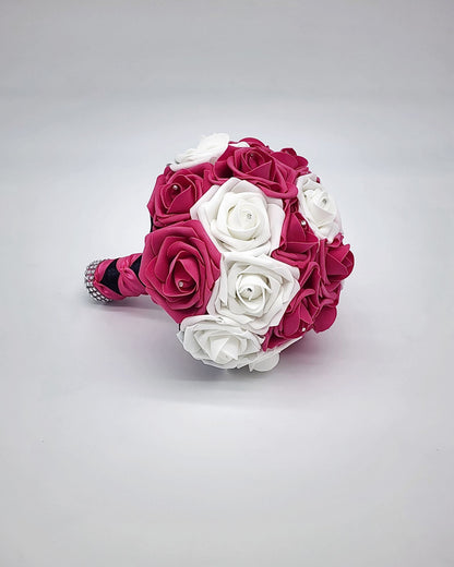 Hot Pink and White Wedding Bouquet Made With Real Touch Roses, Bridal Bouquet, Bridesmaid Bouquet and Matching Boutonnieres and Corsages