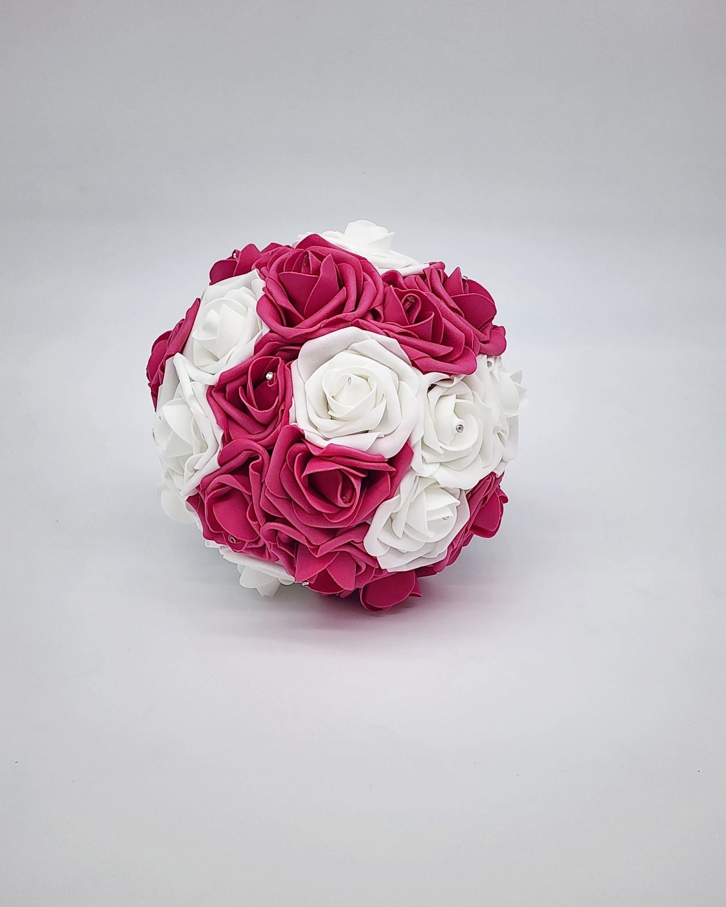 Hot Pink and White Wedding Bouquet Made With Real Touch Roses, Bridal Bouquet, Bridesmaid Bouquet and Matching Boutonnieres and Corsages