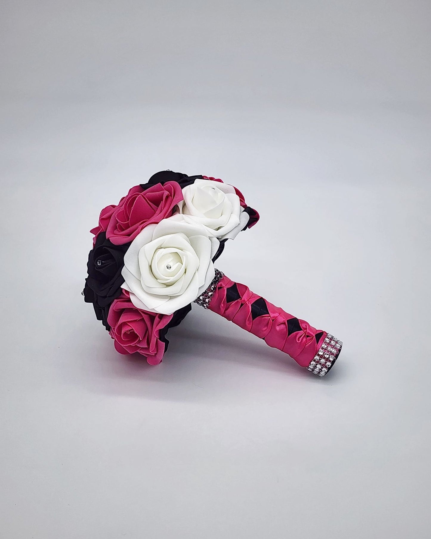 Hot Pink, Black, & White Wedding Bouquet Made With Real Touch Roses, Bridal Bouquet, Bridesmaid Bouquet and Matching Boutonniere and Corsage