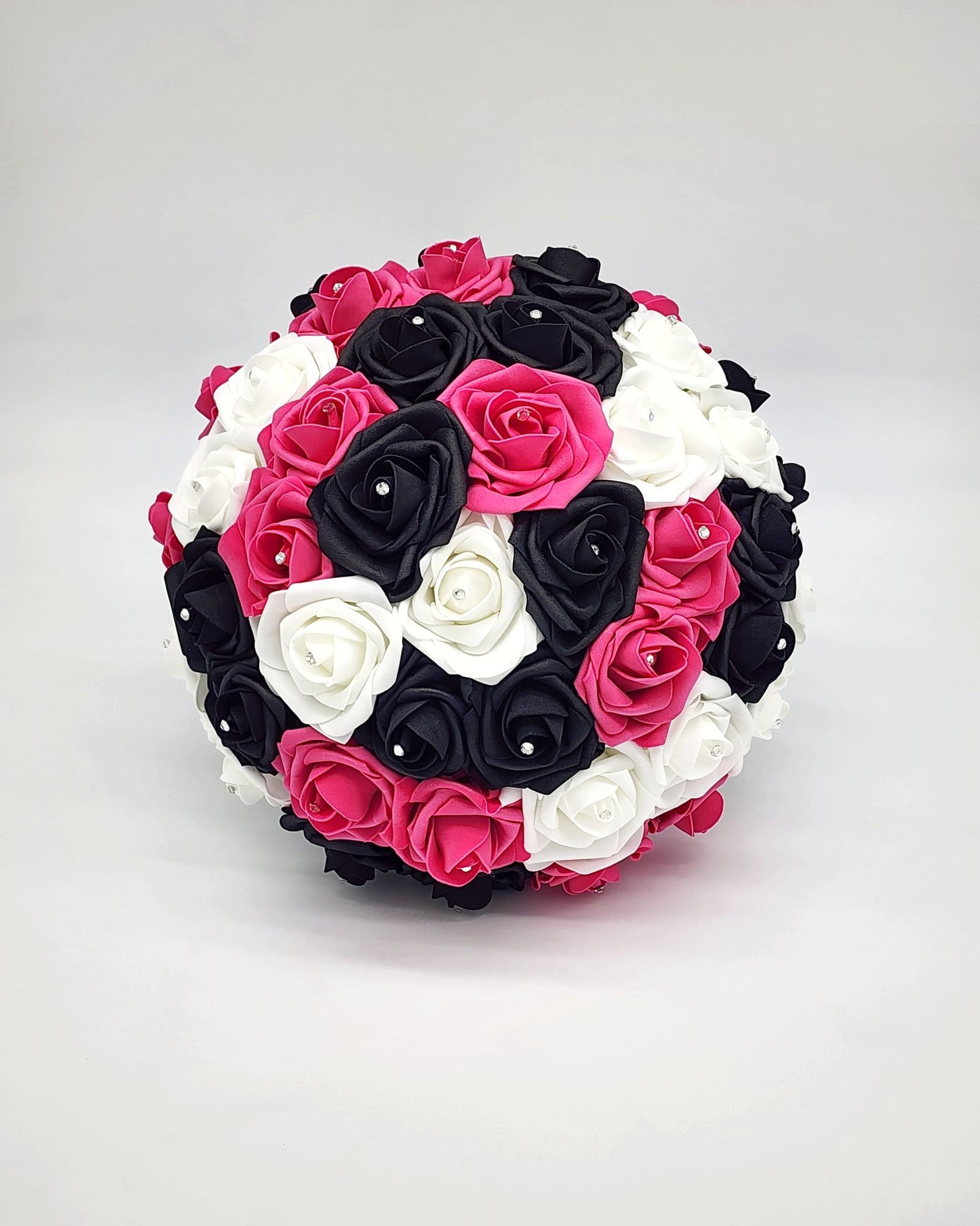 Hot Pink, Black, & White Wedding Bouquet Made With Real Touch Roses, Bridal Bouquet, Bridesmaid Bouquet and Matching Boutonniere and Corsage