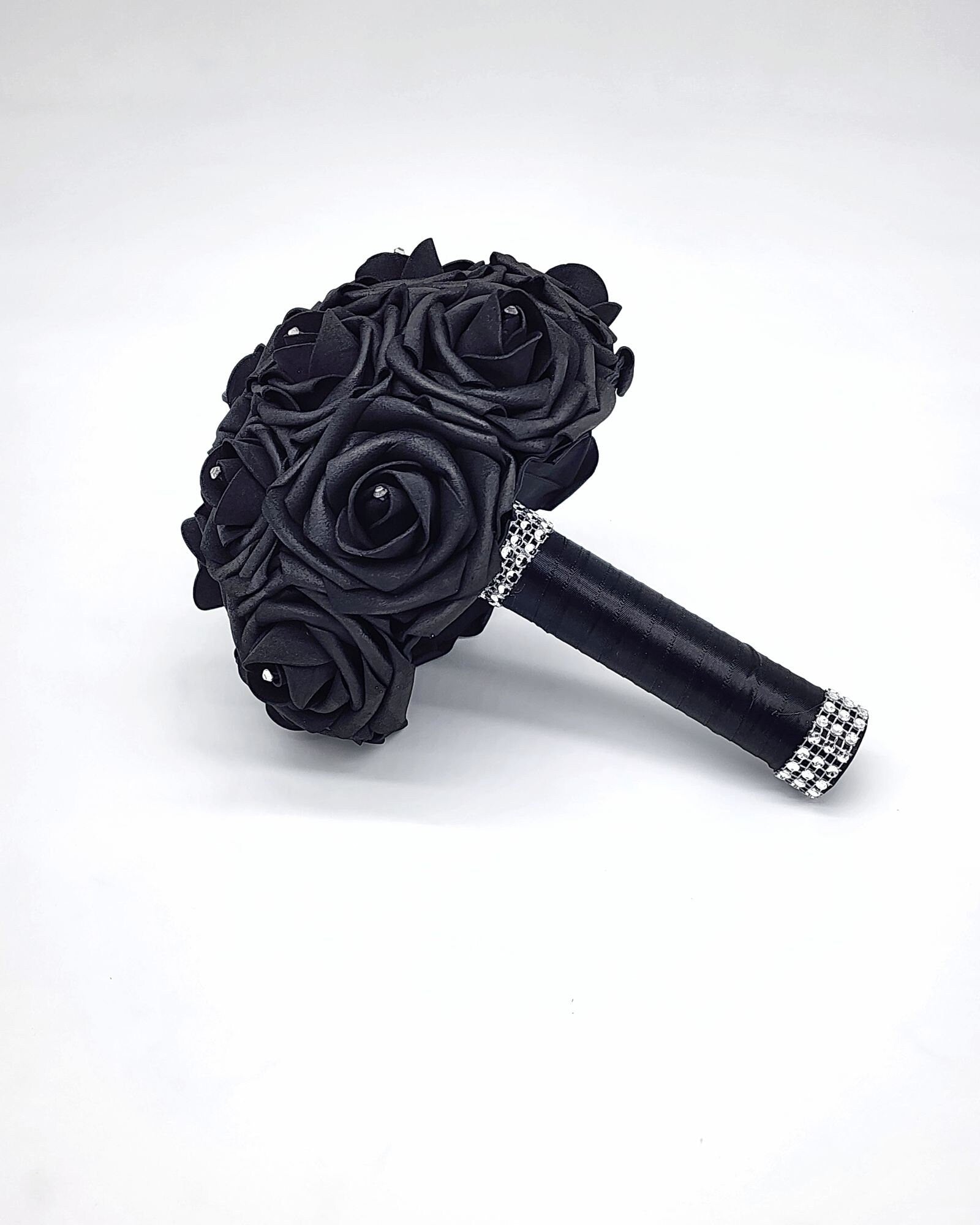 Black Wedding Bouquet Made With Real Touch Roses, Bridal Bouquet, Bridesmaid Bouquet and Matching Boutonnieres and Corsages-Halloween/Gothic