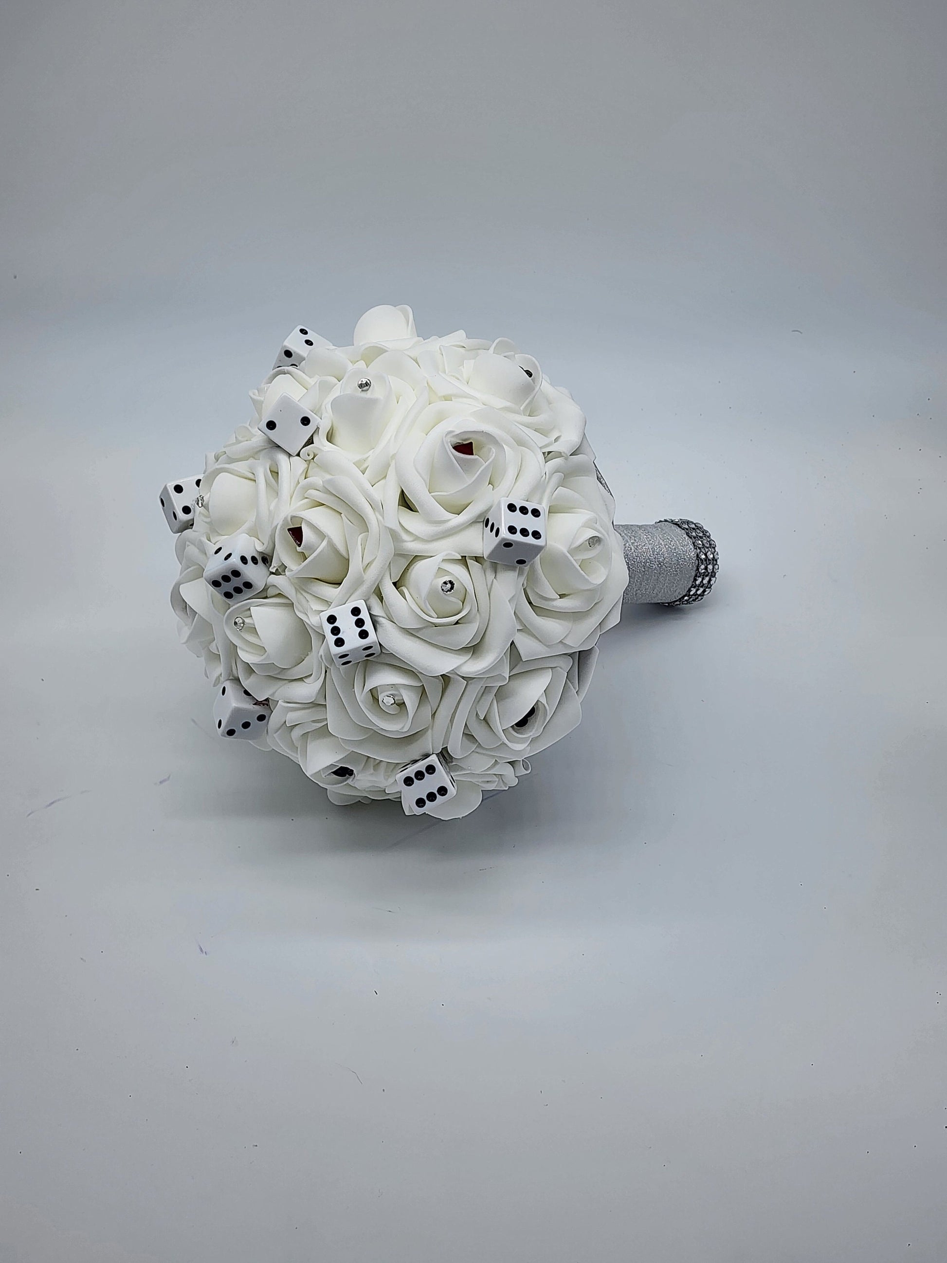 Las Vegas Themed Wedding Bouquet,White And Silver Bridal Bouquet, Bridesmaid Bouquet, Matching Boutonnieres and Corsages,Destination Wedding