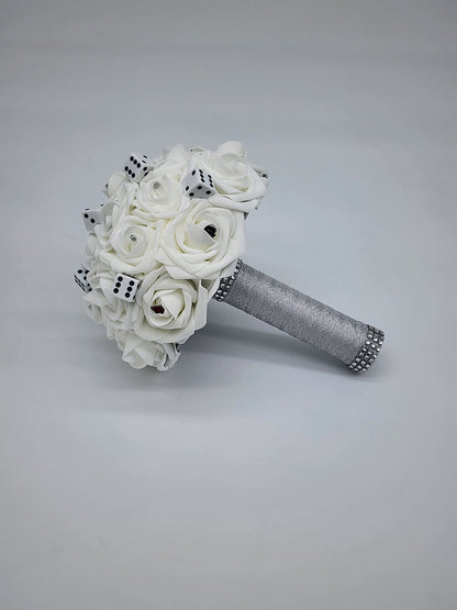 Las Vegas Themed Wedding Bouquet,White And Silver Bridal Bouquet, Bridesmaid Bouquet, Matching Boutonnieres and Corsages,Destination Wedding