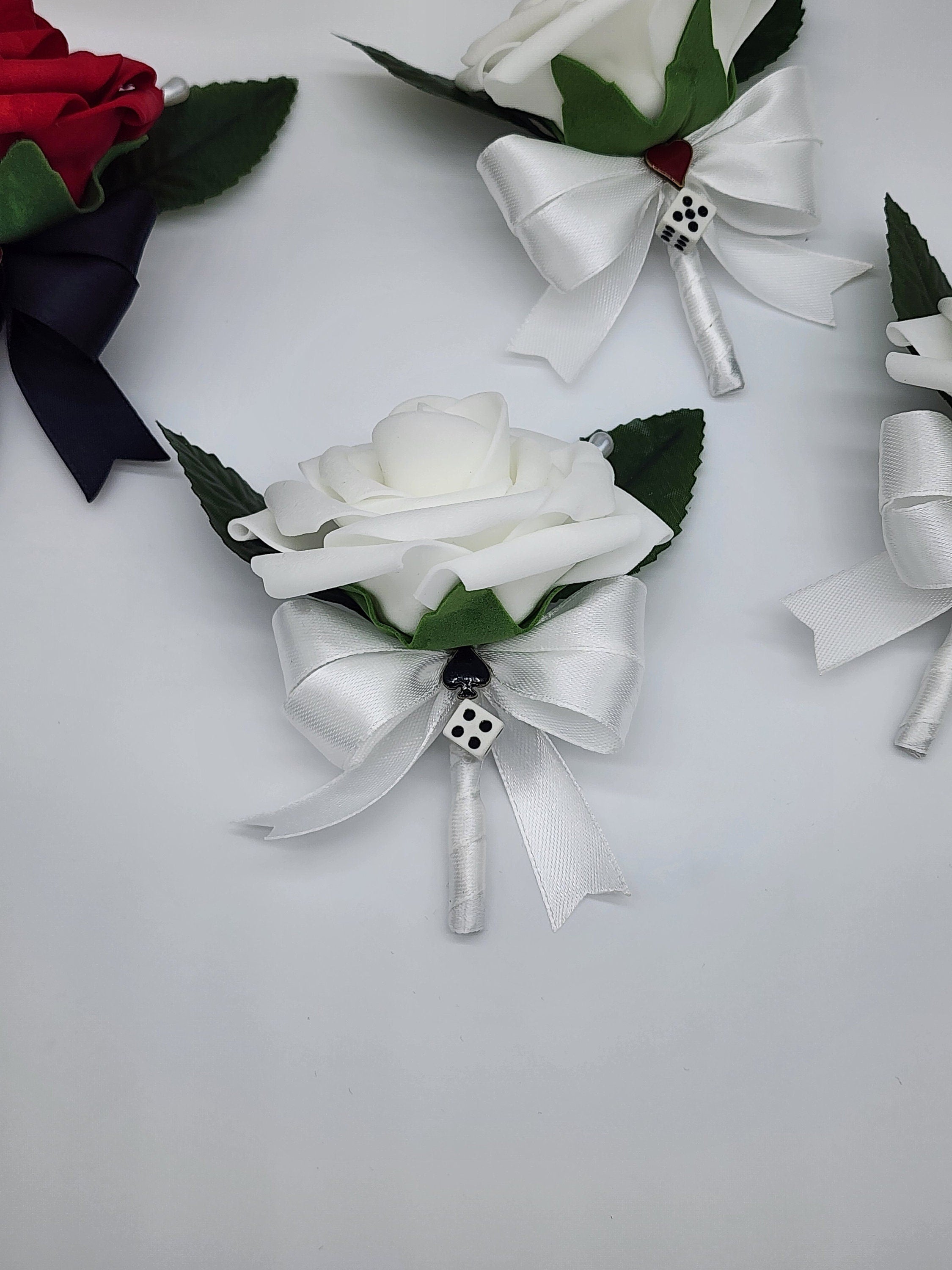 Las Vegas Themed Wedding Bouquet,White And Silver Bridal Bouquet, Bridesmaid Bouquet, Matching Boutonnieres and Corsages,Destination Wedding