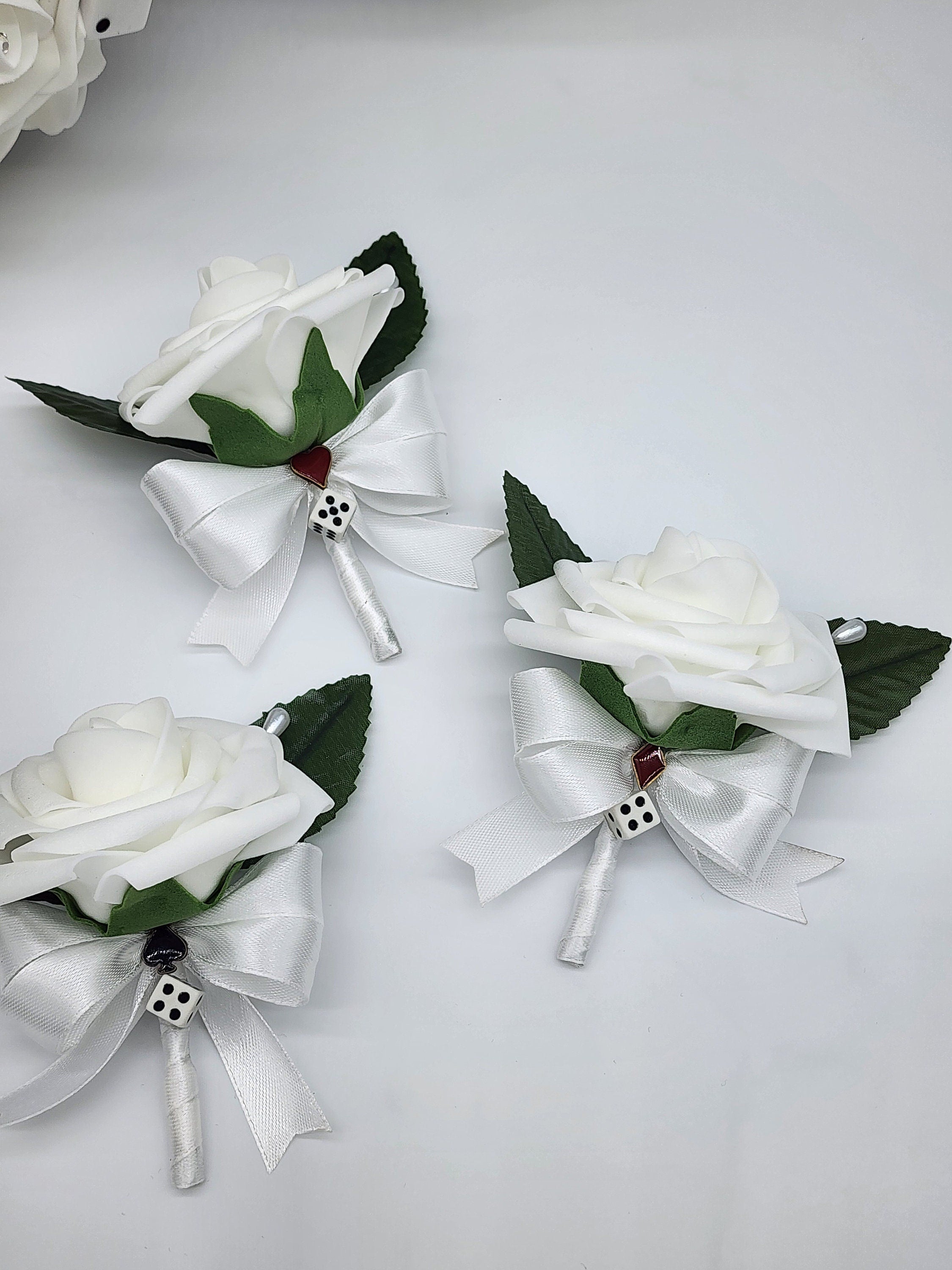 Las Vegas Themed Wedding Bouquet,White And Silver Bridal Bouquet, Bridesmaid Bouquet, Matching Boutonnieres and Corsages,Destination Wedding