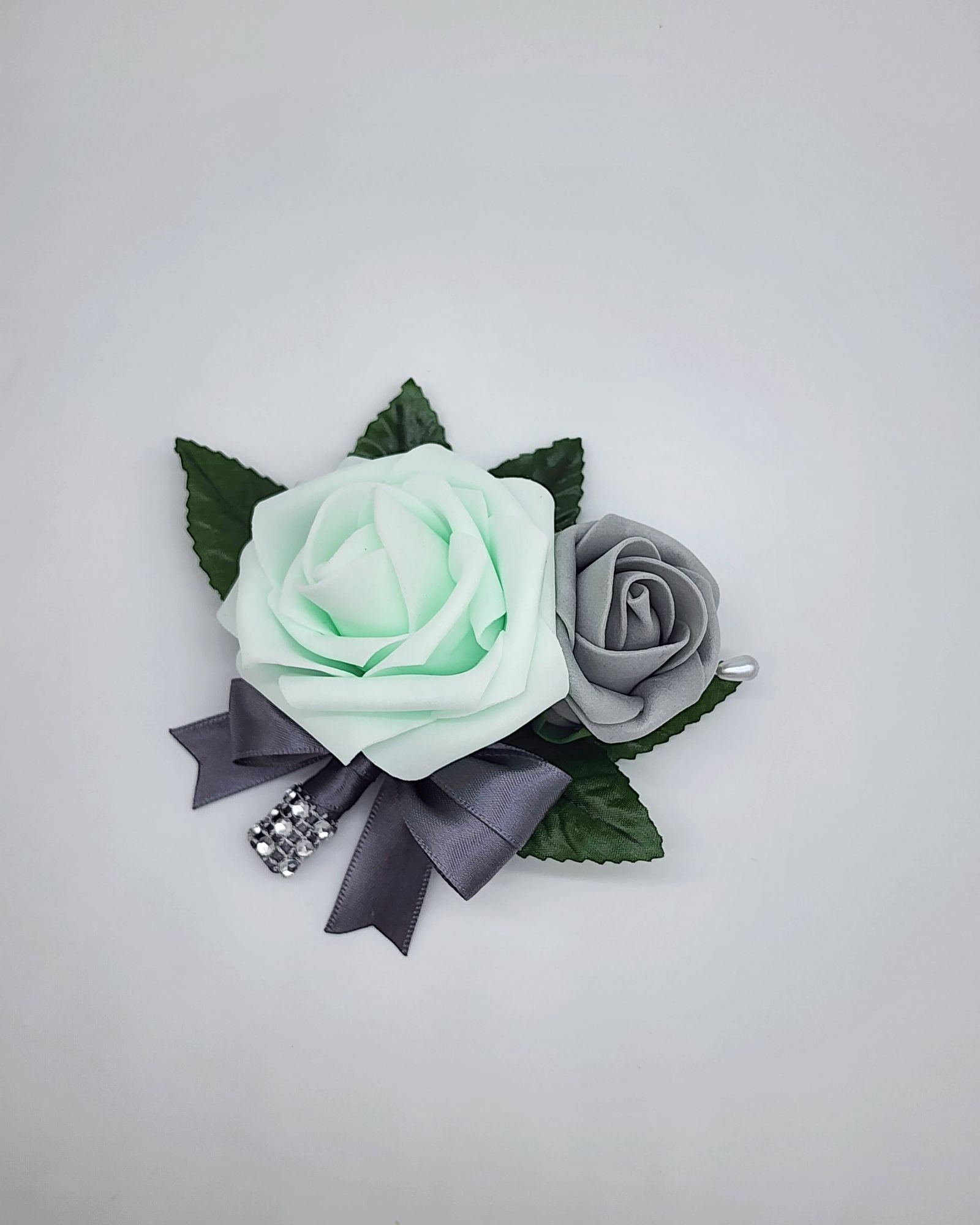 Mint and gray Boutonnieres And Corsages,Available In 27 Colors, Corsages Are Available In Pin On And Wrist, Matching Bouquets Available