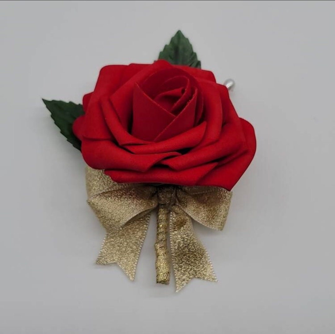 Red And Black Wedding Bouquet Made With Real Touch Roses, Bridal Bouquet, Bridesmaid Bouquet and Matching Boutonniere and Corsages Available