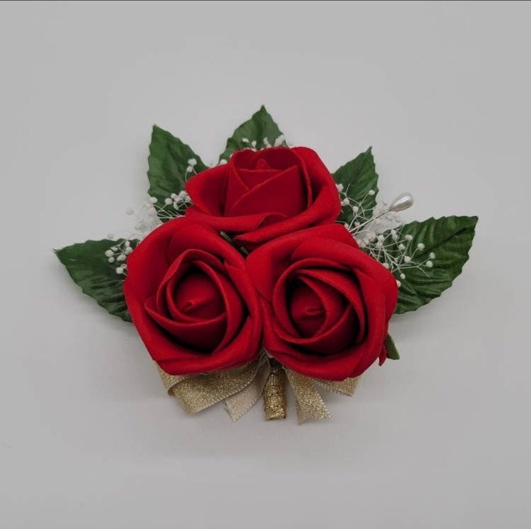 Red And Black Wedding Bouquet Made With Real Touch Roses, Bridal Bouquet, Bridesmaid Bouquet and Matching Boutonniere and Corsages Available