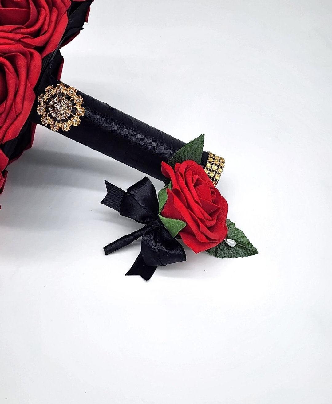 Alternative Red and Black Wedding Bouquet- Red Bridal Bouquet, Red Bridesmaid-Toss Bouquet- Matching Boutonniere and Corsage-Winter Wedding