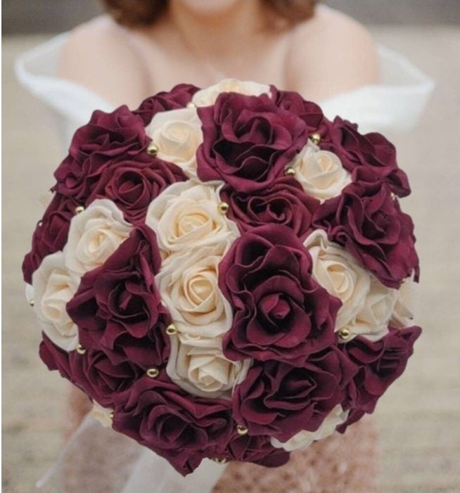 Burgundy and Cream Wedding Bouquet Made With Real Touch Roses, Bridal Bouquet, Bridesmaid Bouquet and Matching Boutonnieres and Corsages