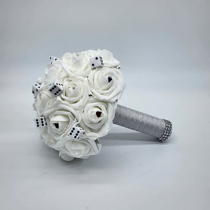 Las Vegas Themed Wedding Bouquet,White And Silver Bridal Bouquet, Bridesmaid Bouquet, Matching Boutonnieres and Corsages,Destination Wedding