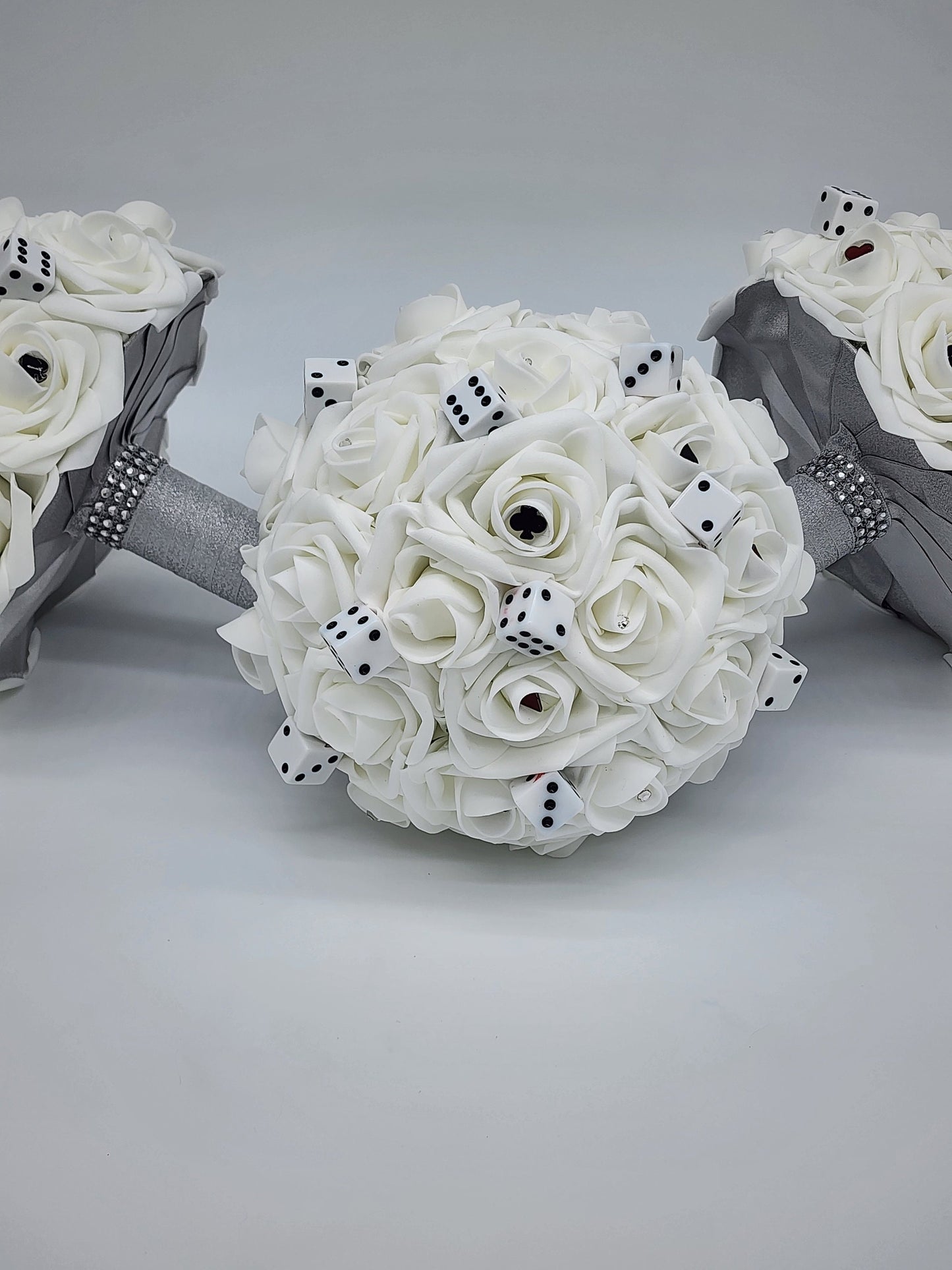 Las Vegas Themed Wedding Bouquet,White And Silver Bridal Bouquet, Bridesmaid Bouquet, Matching Boutonnieres and Corsages,Destination Wedding