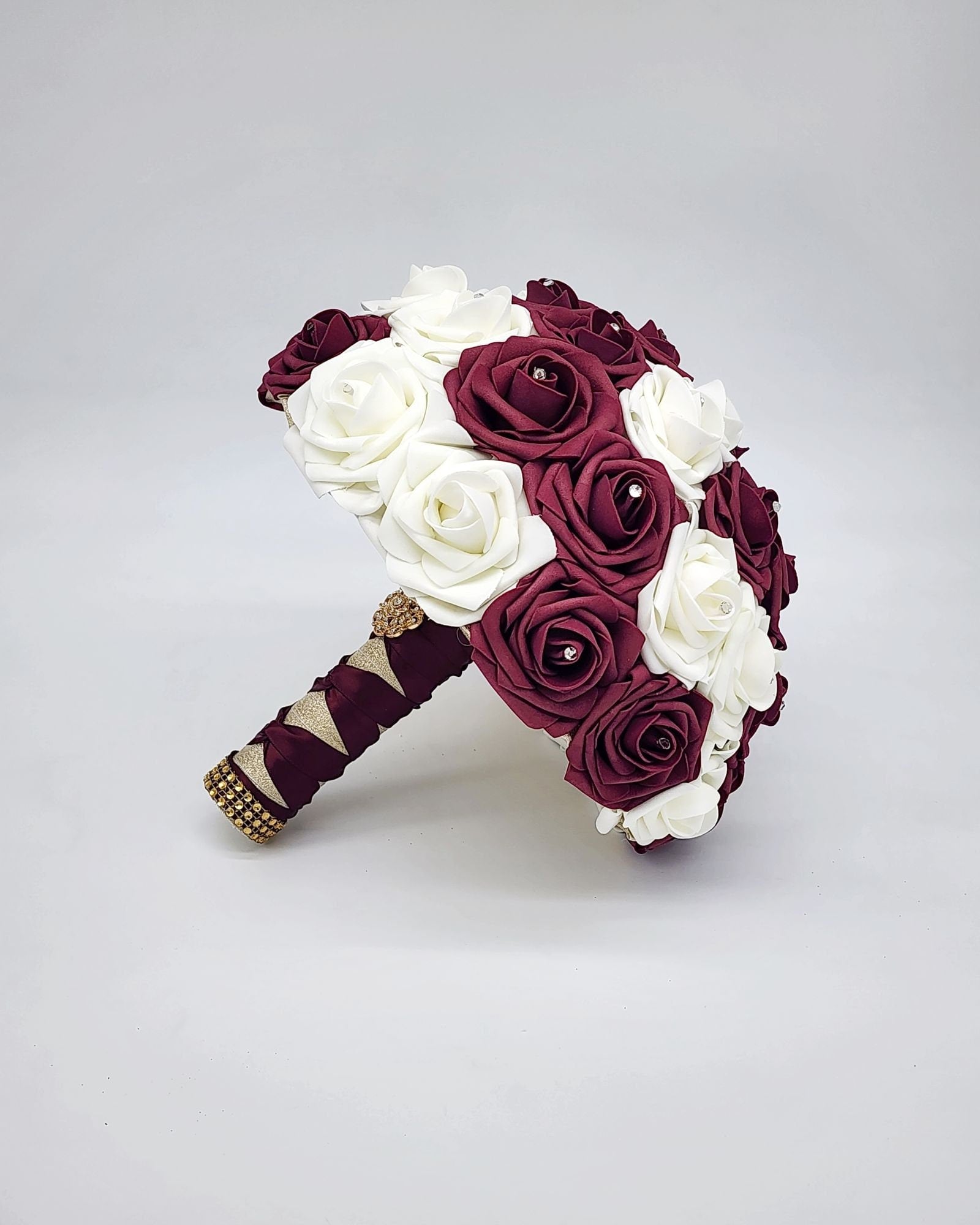 Burgundy and Ivory Wedding Bouquet Made With Real Touch Roses, Bridal Bouquet, Bridesmaid Bouquet and Matching Boutonnieres and Corsages