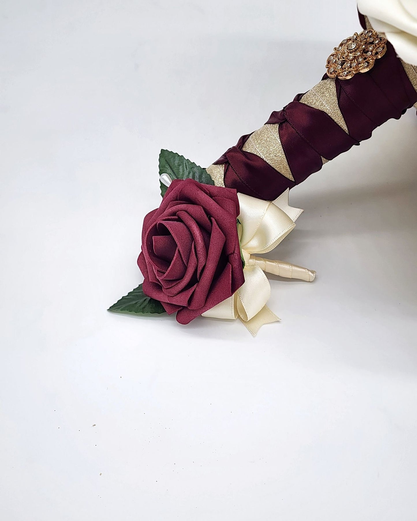 Burgundy and Ivory Wedding Bouquet Made With Real Touch Roses, Bridal Bouquet, Bridesmaid Bouquet and Matching Boutonnieres and Corsages