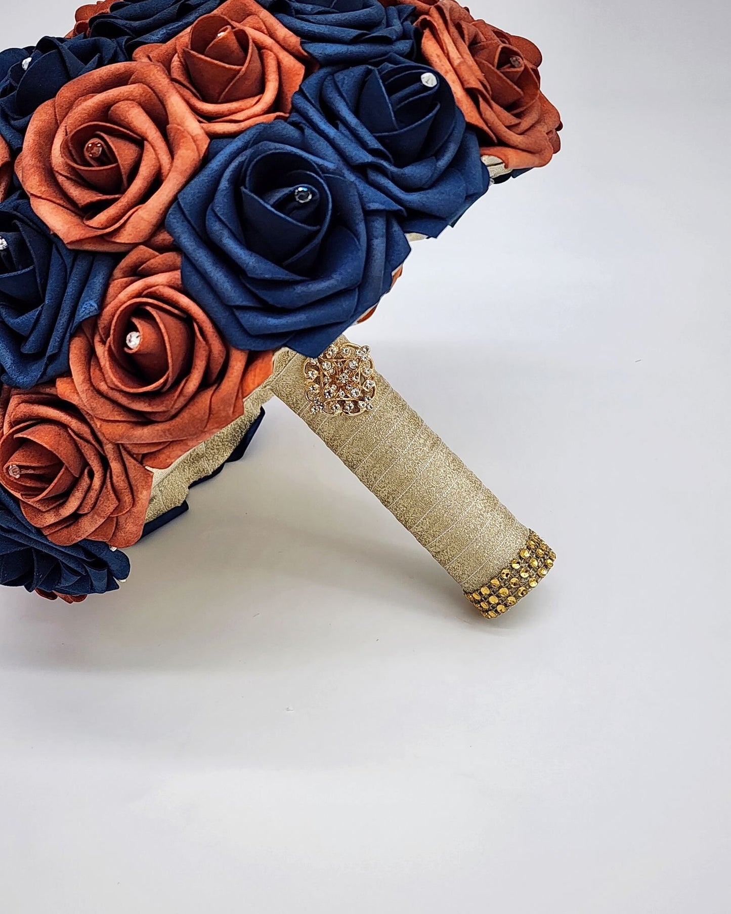 Burnt orange and Navy Wedding Bouquet Made With Real Touch Roses, Bridal Bouquet, Bridesmaid Bouquet and Matching Boutonnieres and Corsages