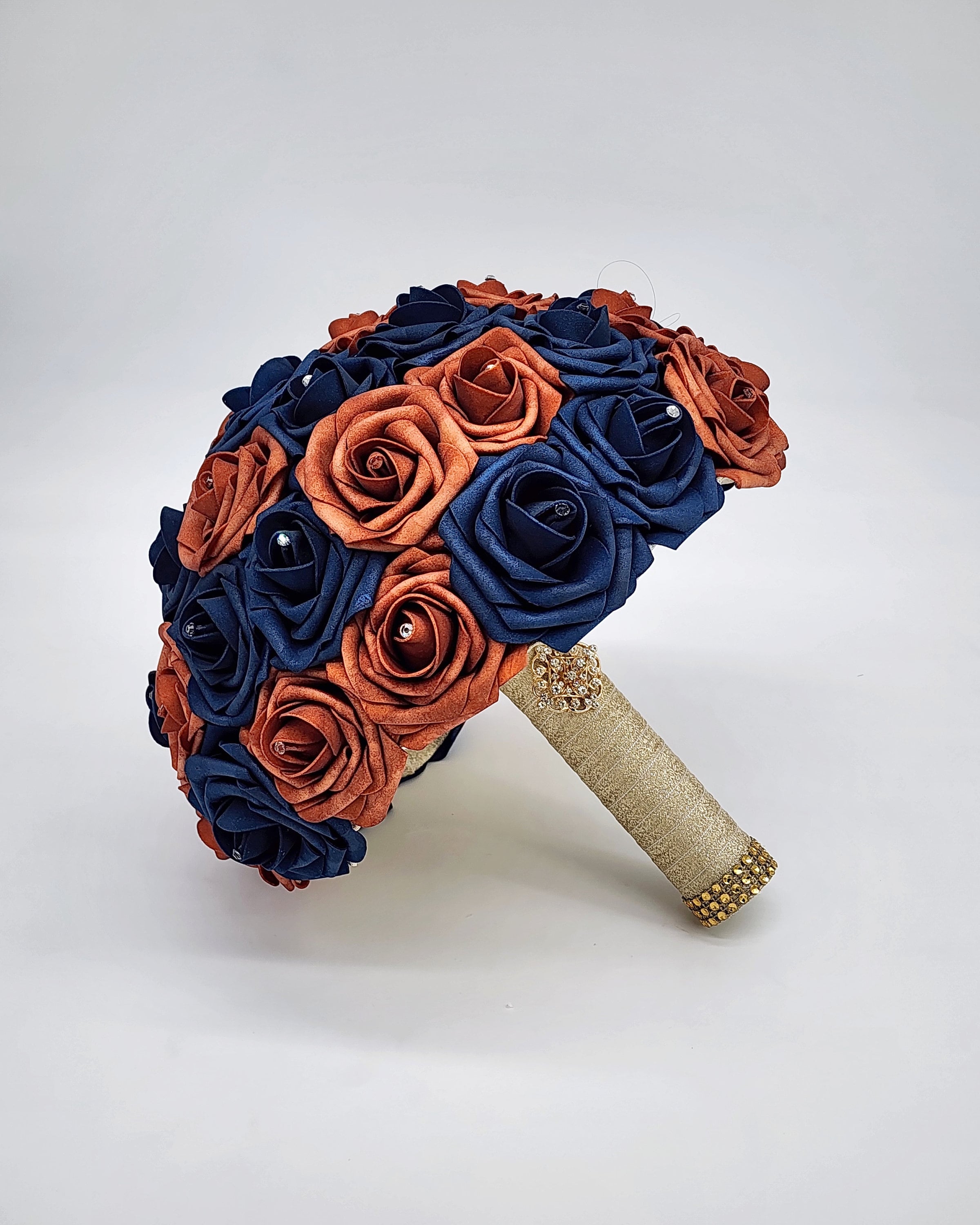 Burnt orange and Navy Wedding Bouquet Made With Real Touch Roses, Bridal Bouquet, Bridesmaid Bouquet and Matching Boutonnieres and Corsages