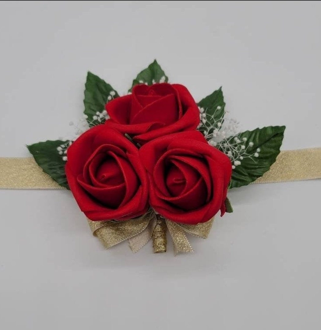 Red And Black Wedding Bouquet Made With Real Touch Roses, Bridal Bouquet, Bridesmaid Bouquet and Matching Boutonniere and Corsages Available
