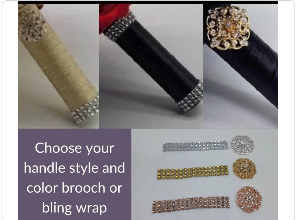 Three different styles of bridal bouquet handles. The first handle is wrapped in gold fabric with a silver rhinestone trim. The second handle is black fabric with a silver rhinestone trim. The third handle is black fabric with a gold rhinestone brooch. Below the handles are three different styles of rhinestone wraps for bridal bouquets. The first wrap is silver, the second is gold, and the third is rose gold.