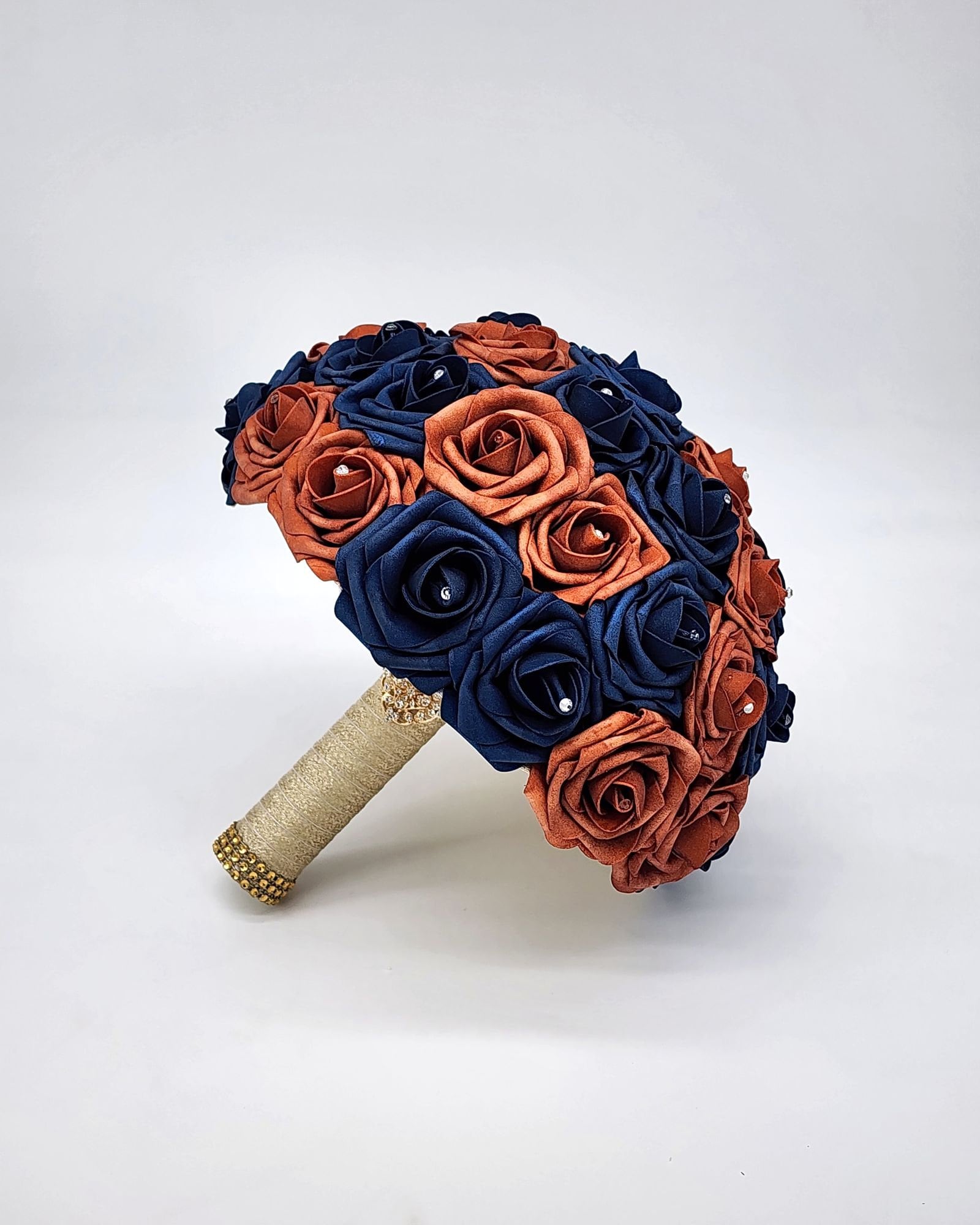 Burnt orange and Navy Wedding Bouquet Made With Real Touch Roses, Bridal Bouquet, Bridesmaid Bouquet and Matching Boutonnieres and Corsages