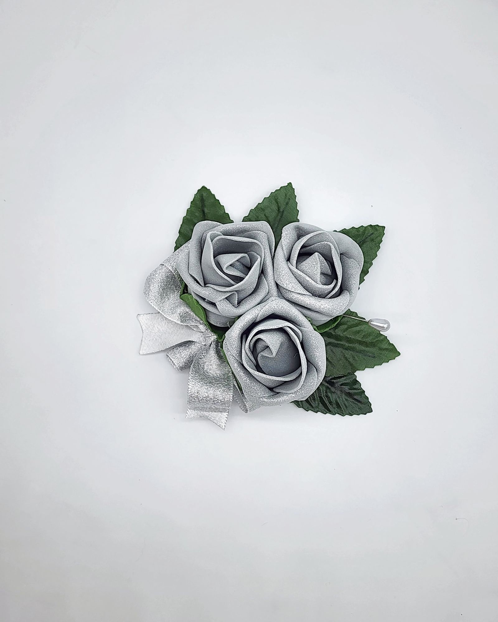 Silver Boutonnieres And Corsages, Available In 27 Colors, Corsages Available In Pin On And Wrist, Matching Bouquets Available