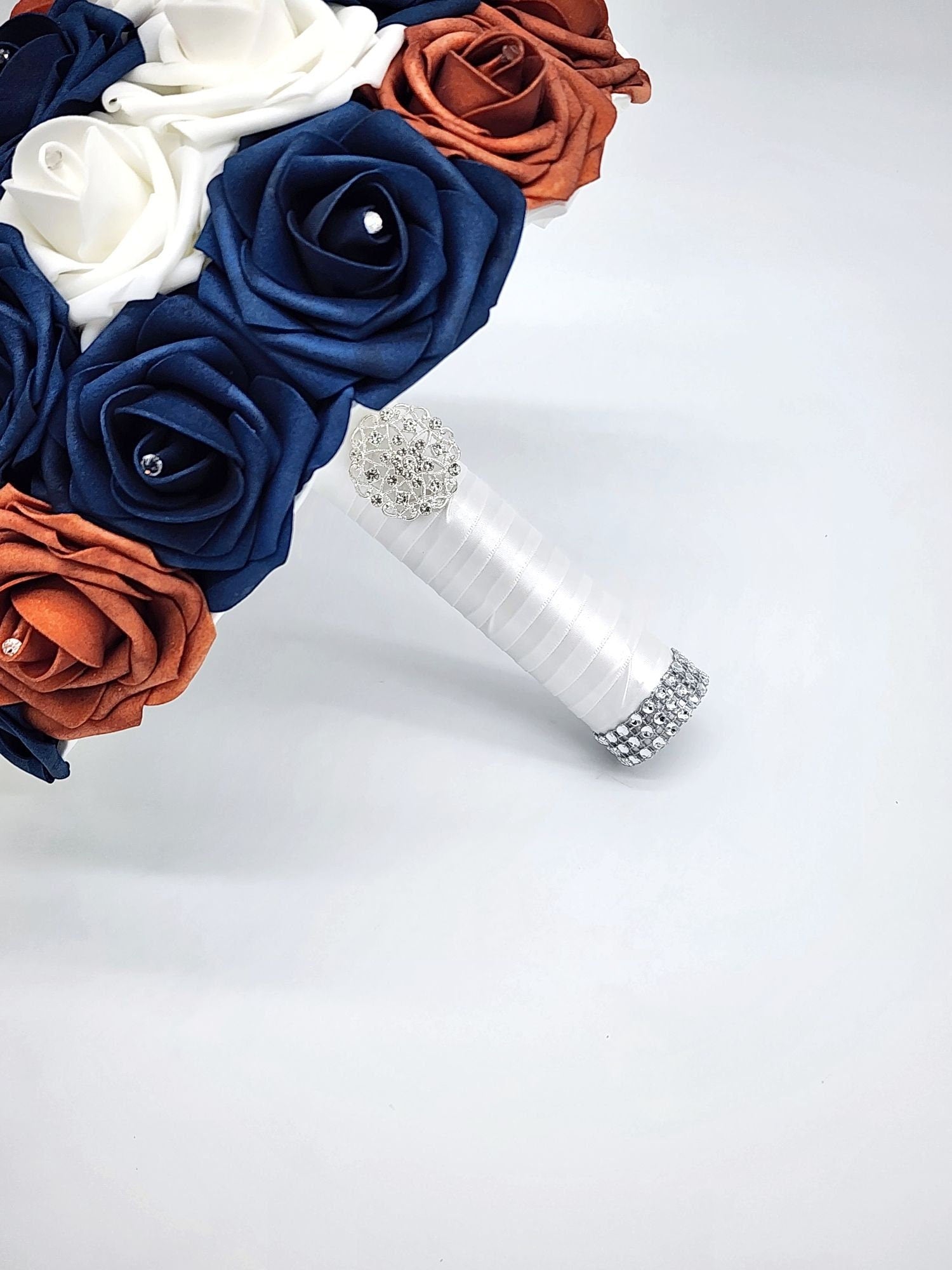 Burnt orange, Navy, & White Wedding Bouquet Made with Real Touch Roses