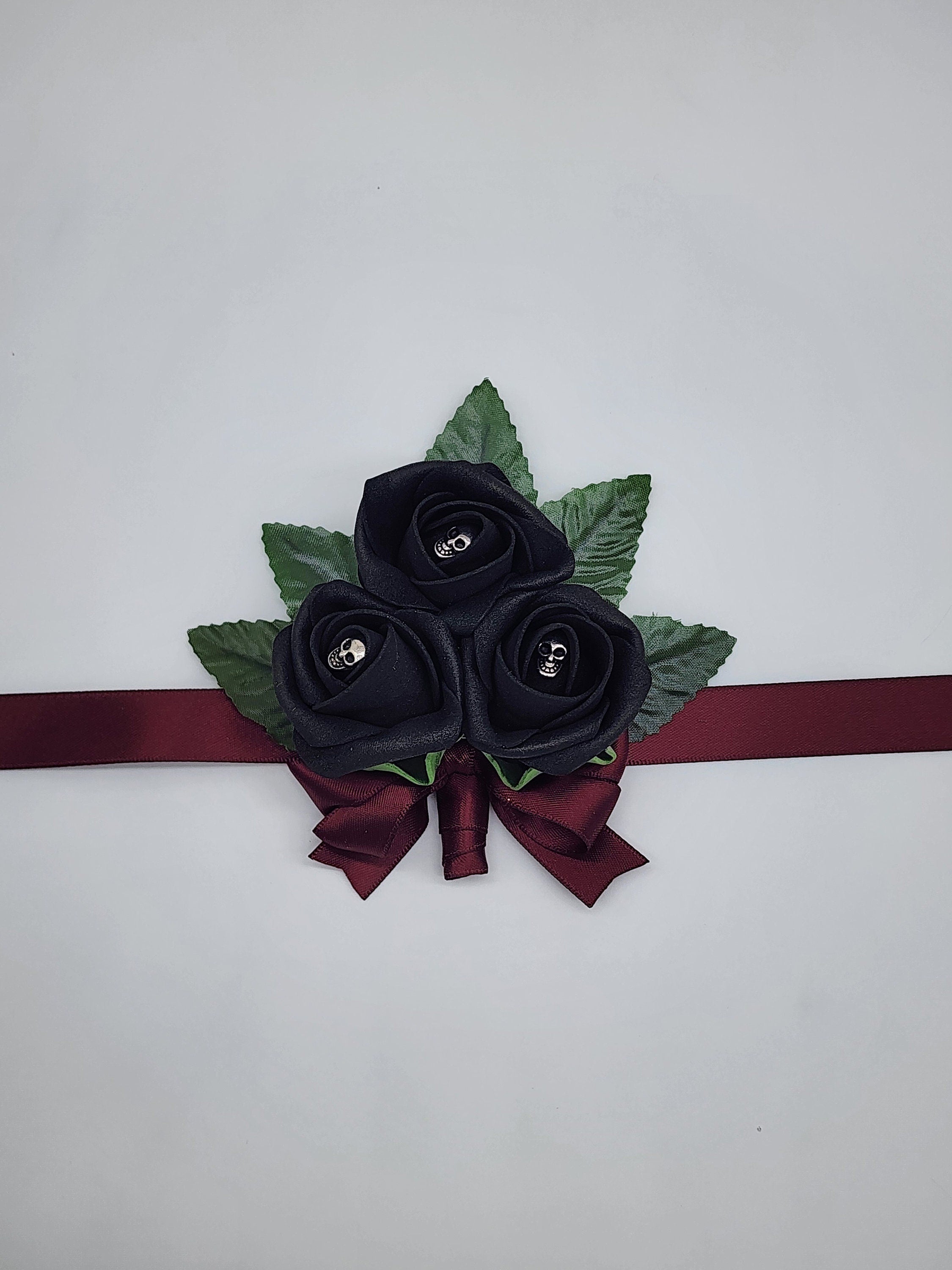 Gothic Skull Black and Burgundy Boutonnieres and Corsages, Gothic Wedding, Halloween, Matching Bouquets Available