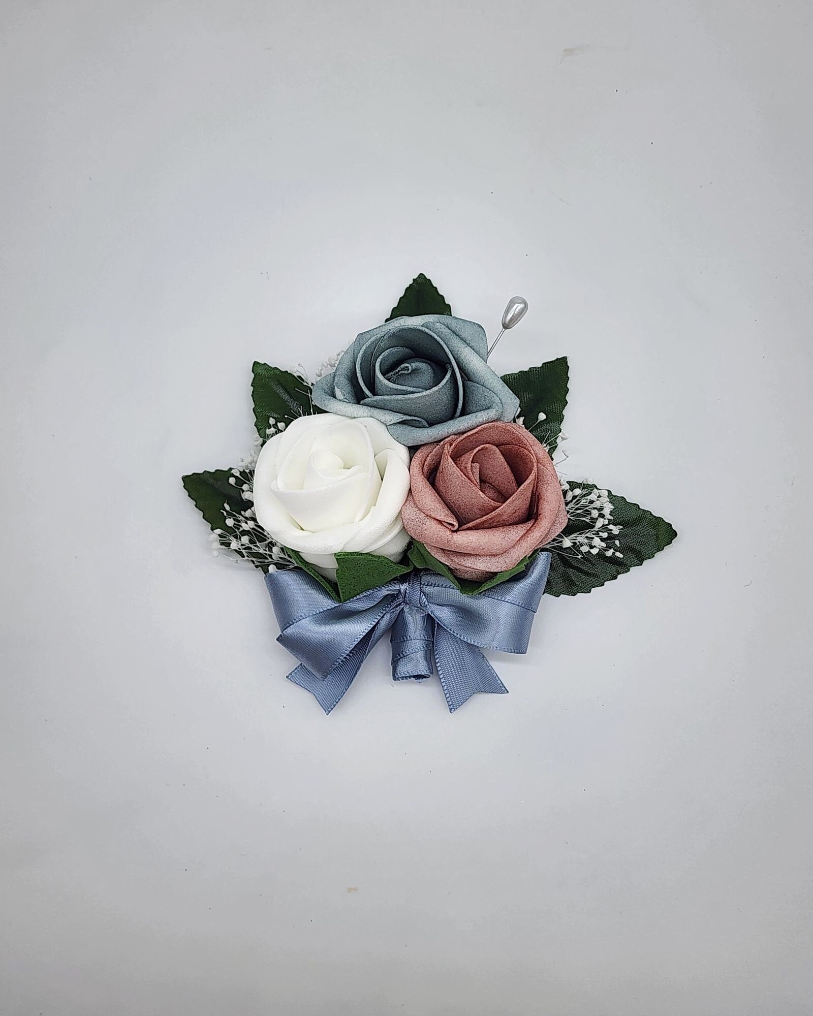 White and Dusty Blue Boutonnieres And Corsages,27 Colors Available,Matching Bouquets Available