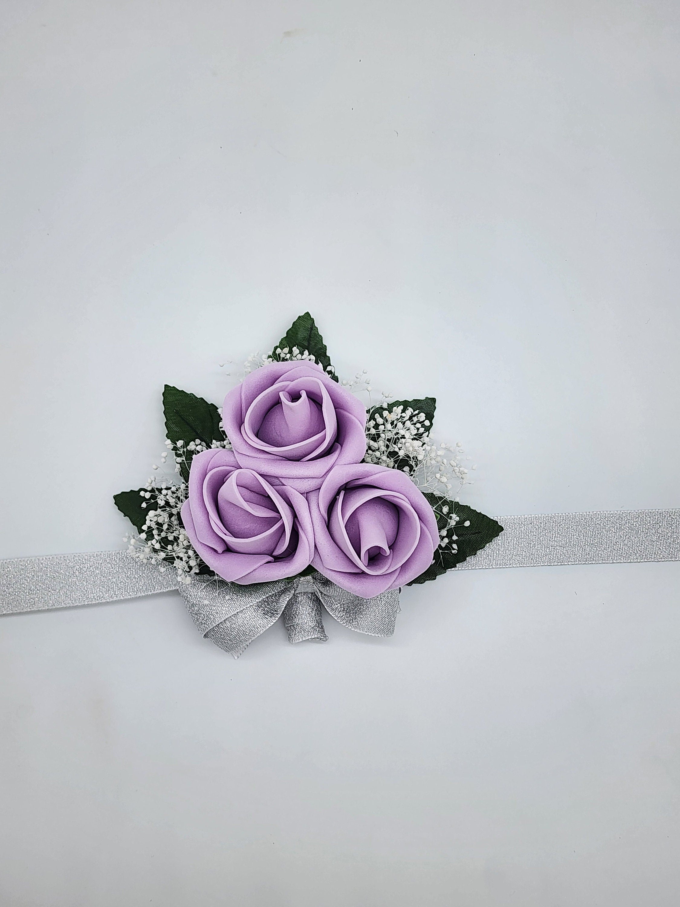 Purple, Ivory & Gray Bridal Bouquet | Real Touch Roses with Rhinestones | Silver Ribbon and Bling Handle