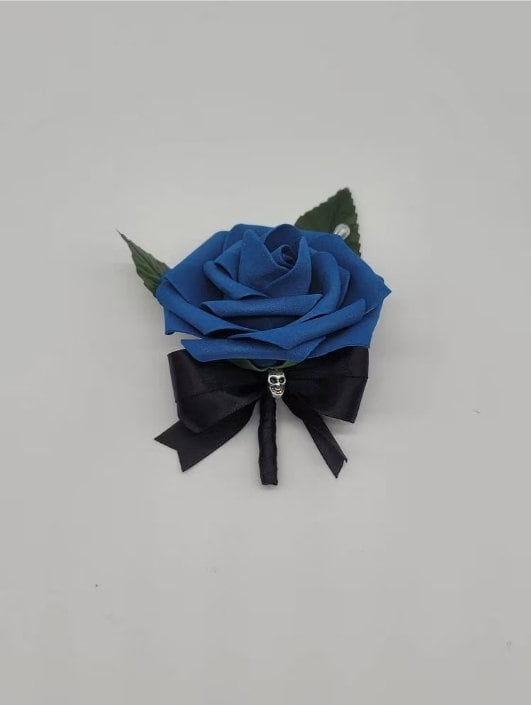 Gothic Royal Blue and Black Skull Boutonnieres And Corsages, Corsages Available in Pin on and Wrist, Halloween Wedding