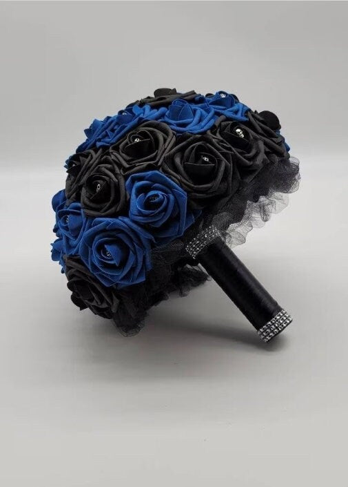 Gothic Royal Blue and Black Skull Boutonnieres And Corsages, Corsages Available in Pin on and Wrist, Halloween Wedding