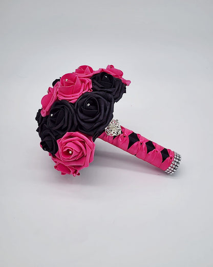 Hot Pink and Black Wedding Bouquet Made With Real Touch Roses, Bridal Bouquet, Bridesmaid Bouquet and Matching Boutonnieres and Corsages