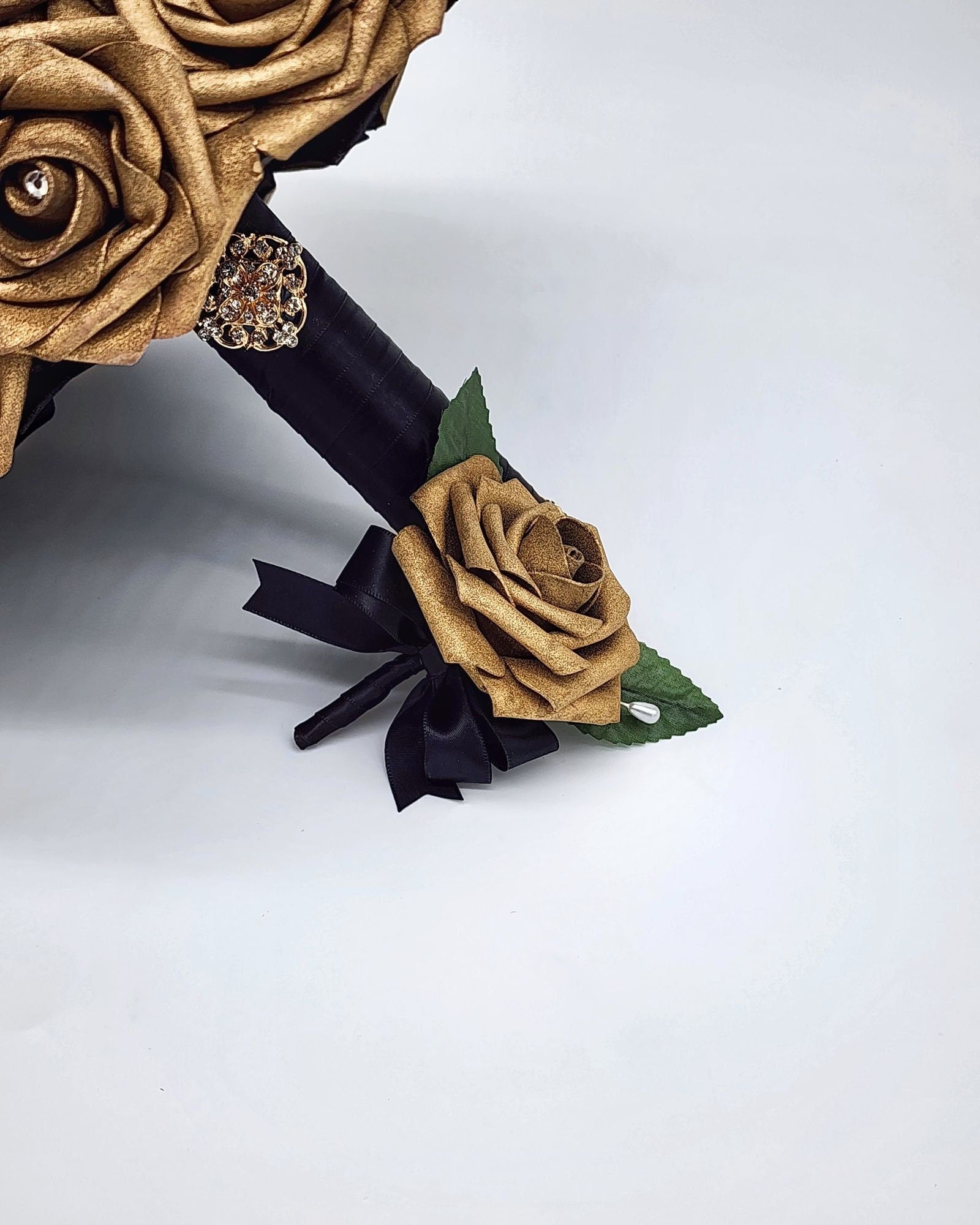 Gold and Black Wedding Bouquet-Bridal Bouquet-Bridesmaid and Toss Bouquet-Matching Boutonnieres and Corsages-Fall Winter Wedding