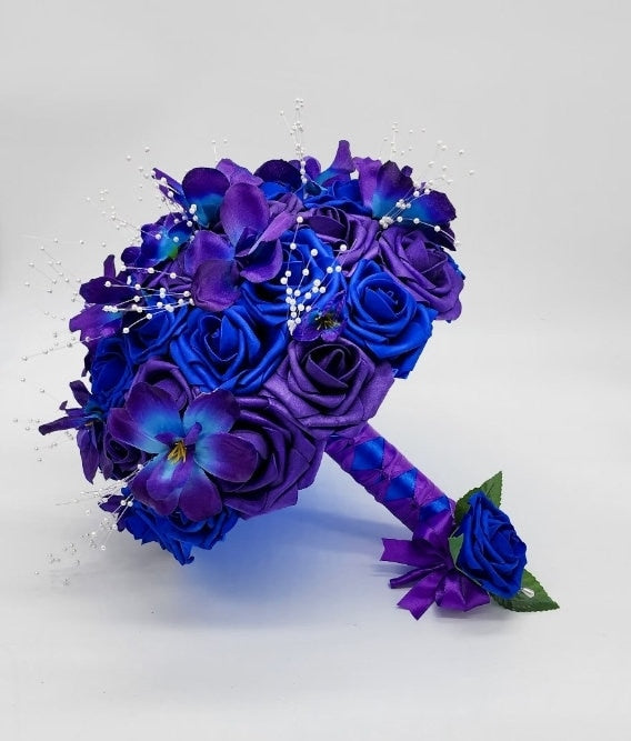 Galaxy Orchid Dark Purple And Royal Blue Corsages and Boutonnieres, 26 Colors Available, Corsages Available In Pin On And Wrist