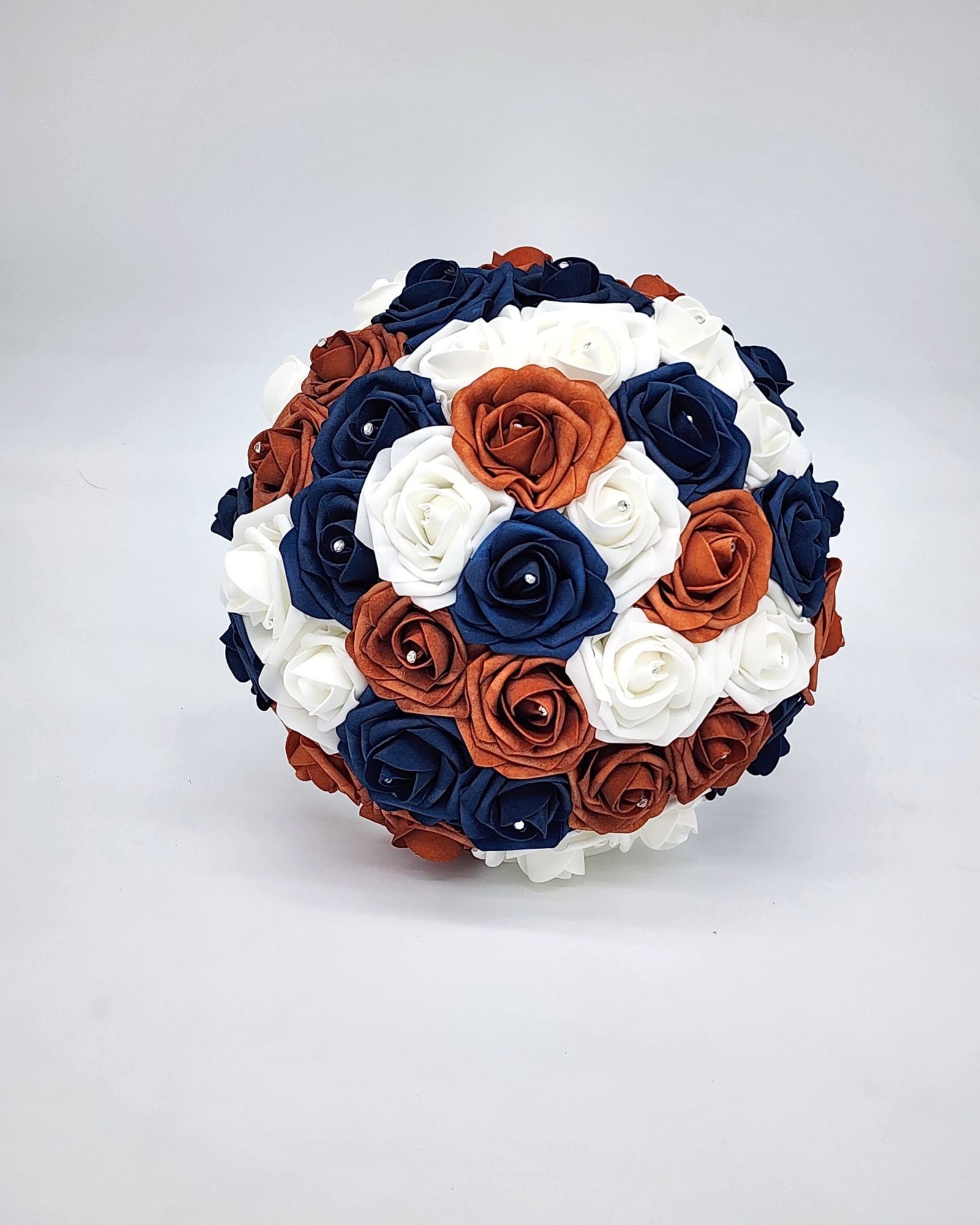 Burnt orange, Navy, & White Wedding Bouquet Made with Real Touch Roses