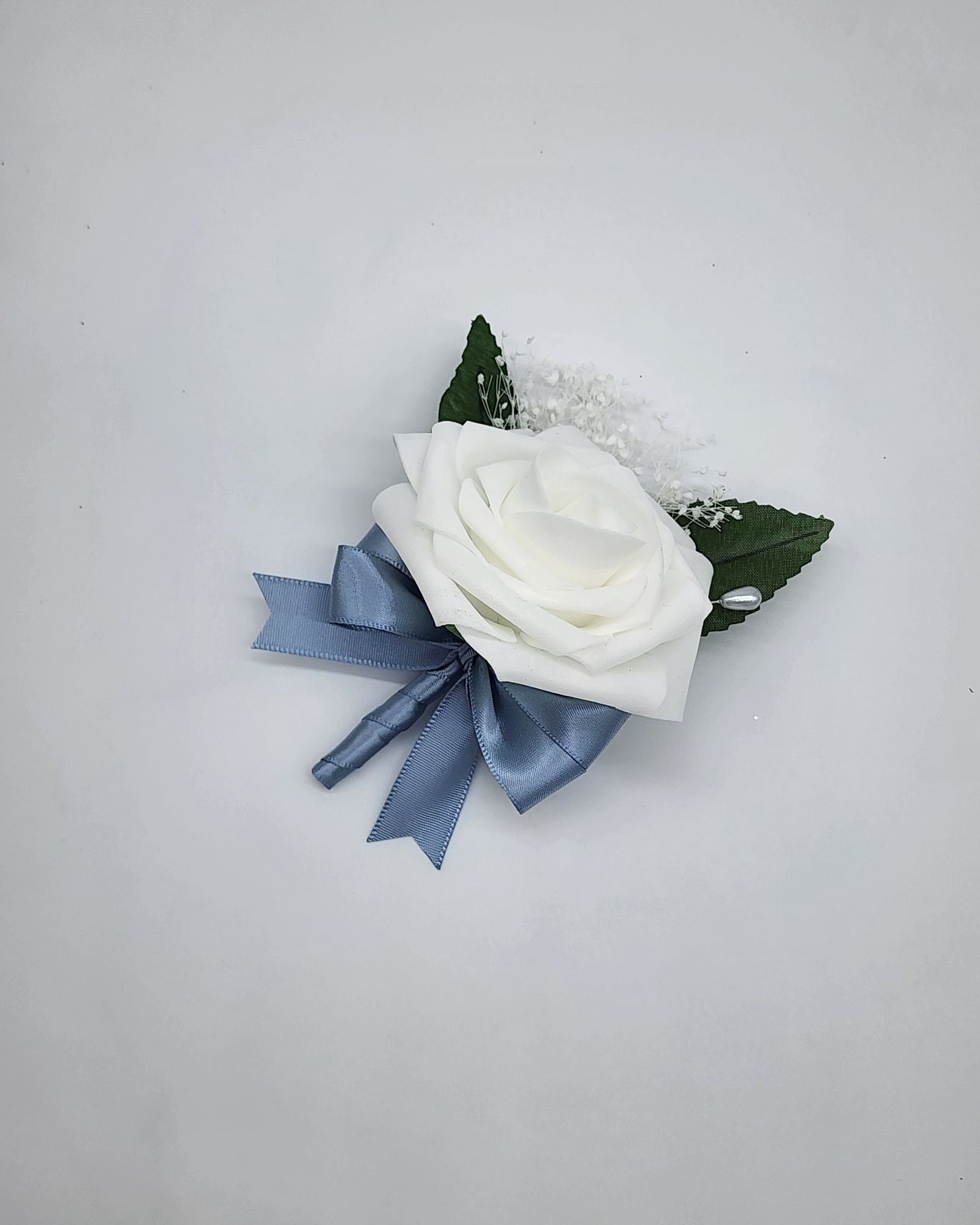 White and Dusty Blue Boutonnieres And Corsages,27 Colors Available,Matching Bouquets Available