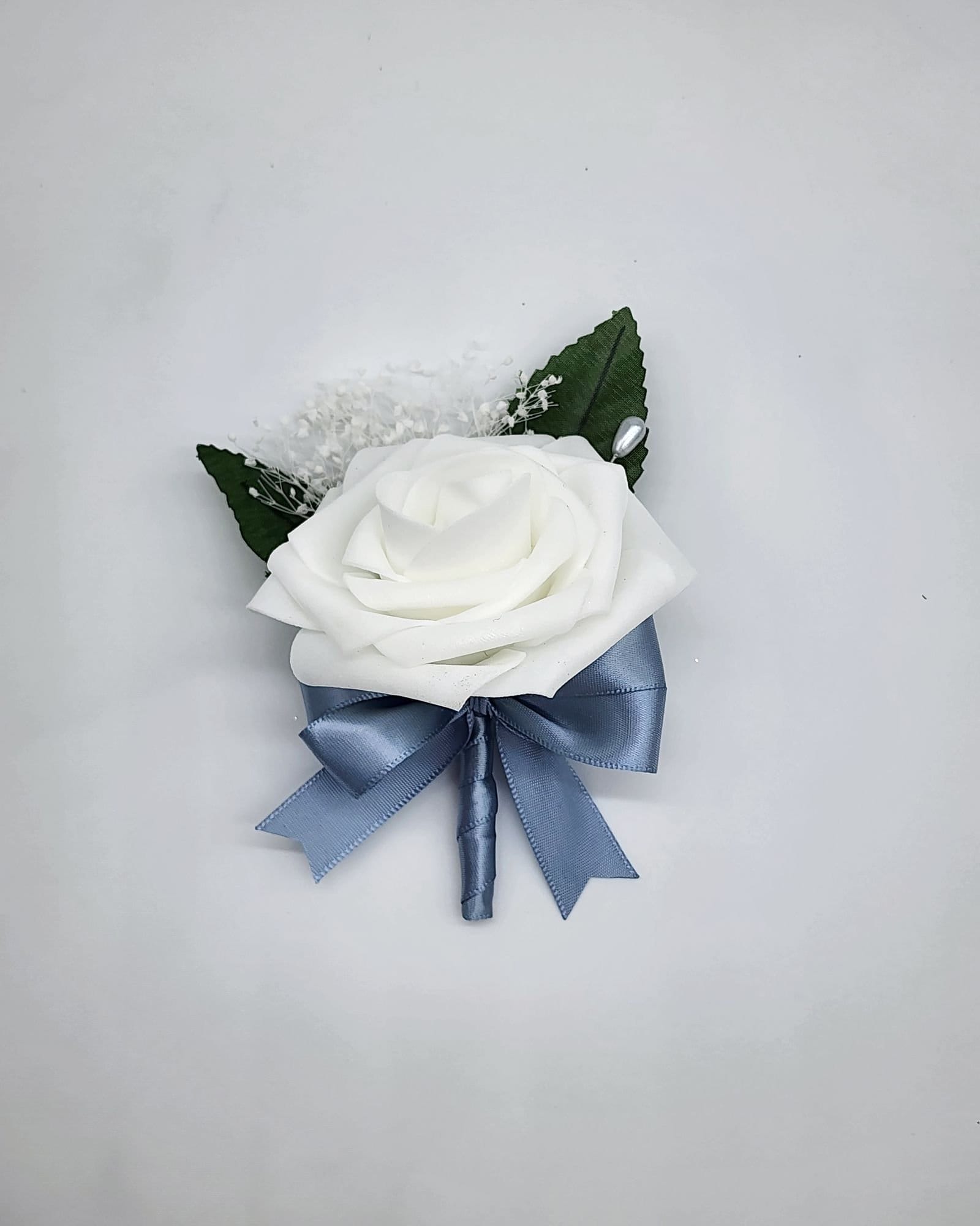 White and Dusty Blue Boutonnieres And Corsages,27 Colors Available,Matching Bouquets Available