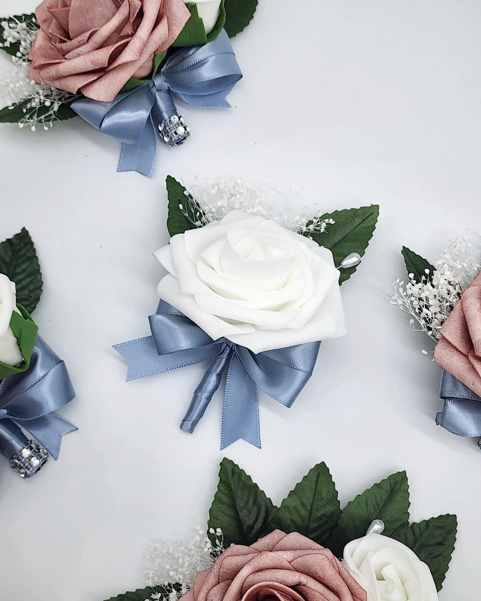 White and Dusty Blue Boutonnieres And Corsages,27 Colors Available,Matching Bouquets Available