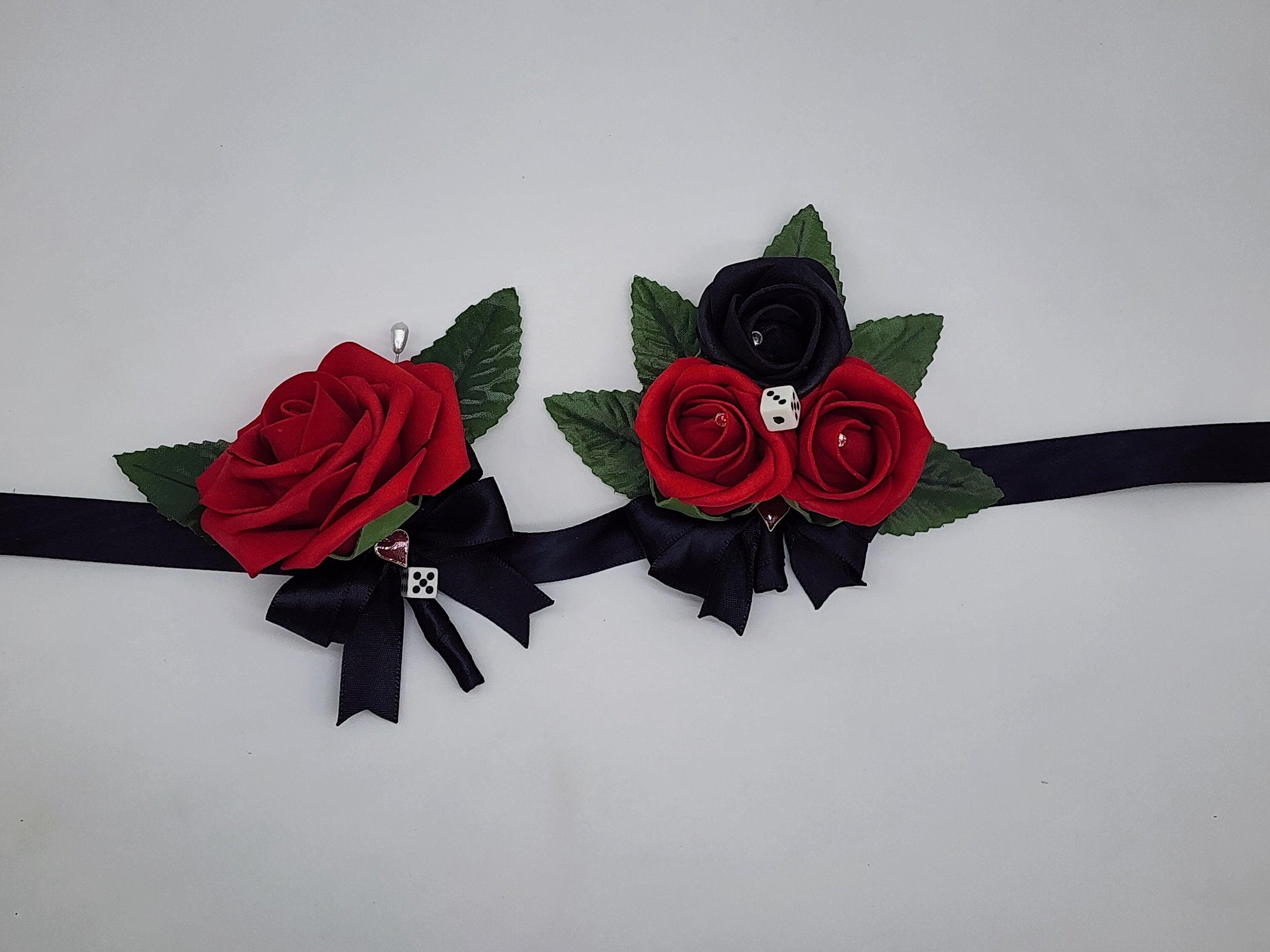 Las Vegas Wedding Red and Black Boutonnieres and Corsages With Card Suite, Matching Bouquets Available, Destination Wedding