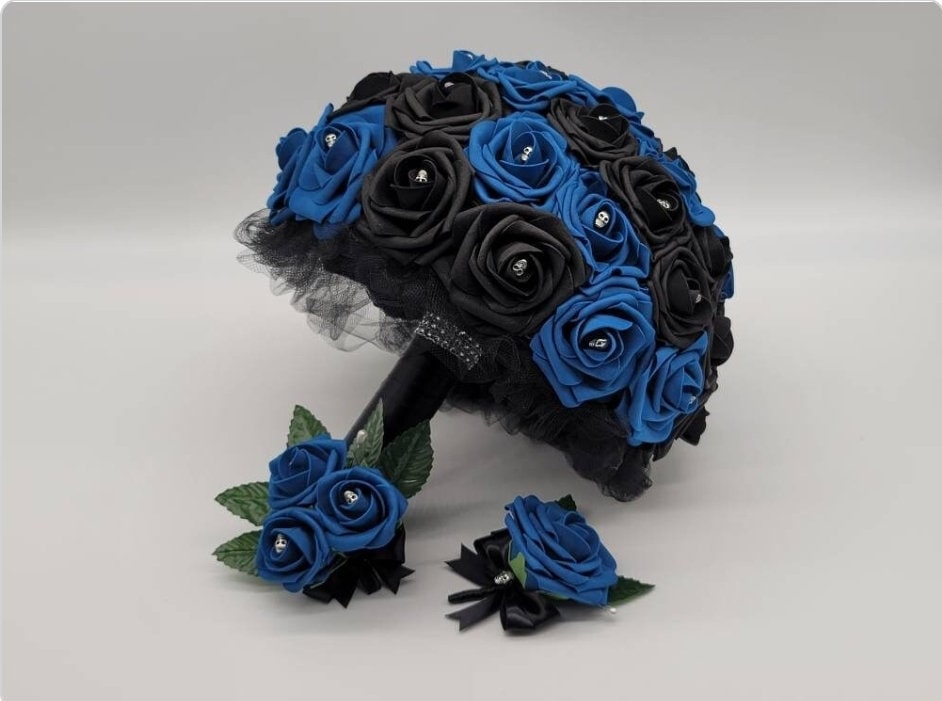 Gothic Royal Blue and Black Skull Boutonnieres And Corsages, Corsages Available in Pin on and Wrist, Halloween Wedding